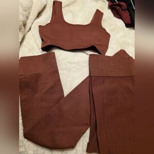 SHEIN Brown Ribbed Leggings and Crop Top Set